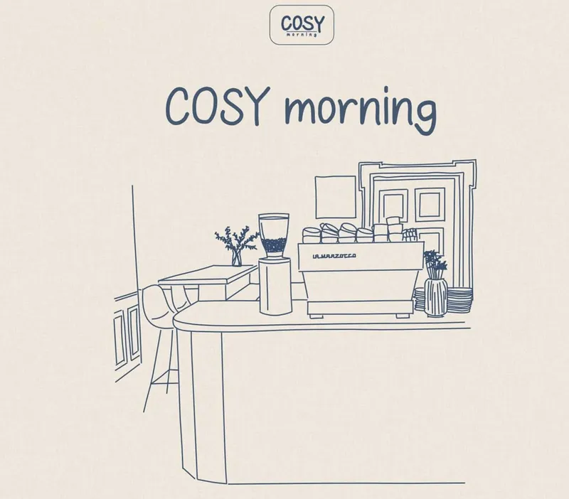 Strichzeichnung der Theke im cosy morning mit Siebträgermaschine und Kaffeemühle